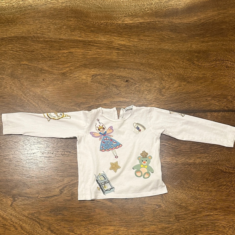 Dolce & Gabbana White Long-Sleeve Tee with Fairy & Teddy Graphics